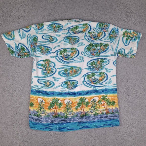 Vintage Ocean Current‎ Hawaiian Shirt Mens Large White Blue Button Short Sleeve - Picture 9 of 14